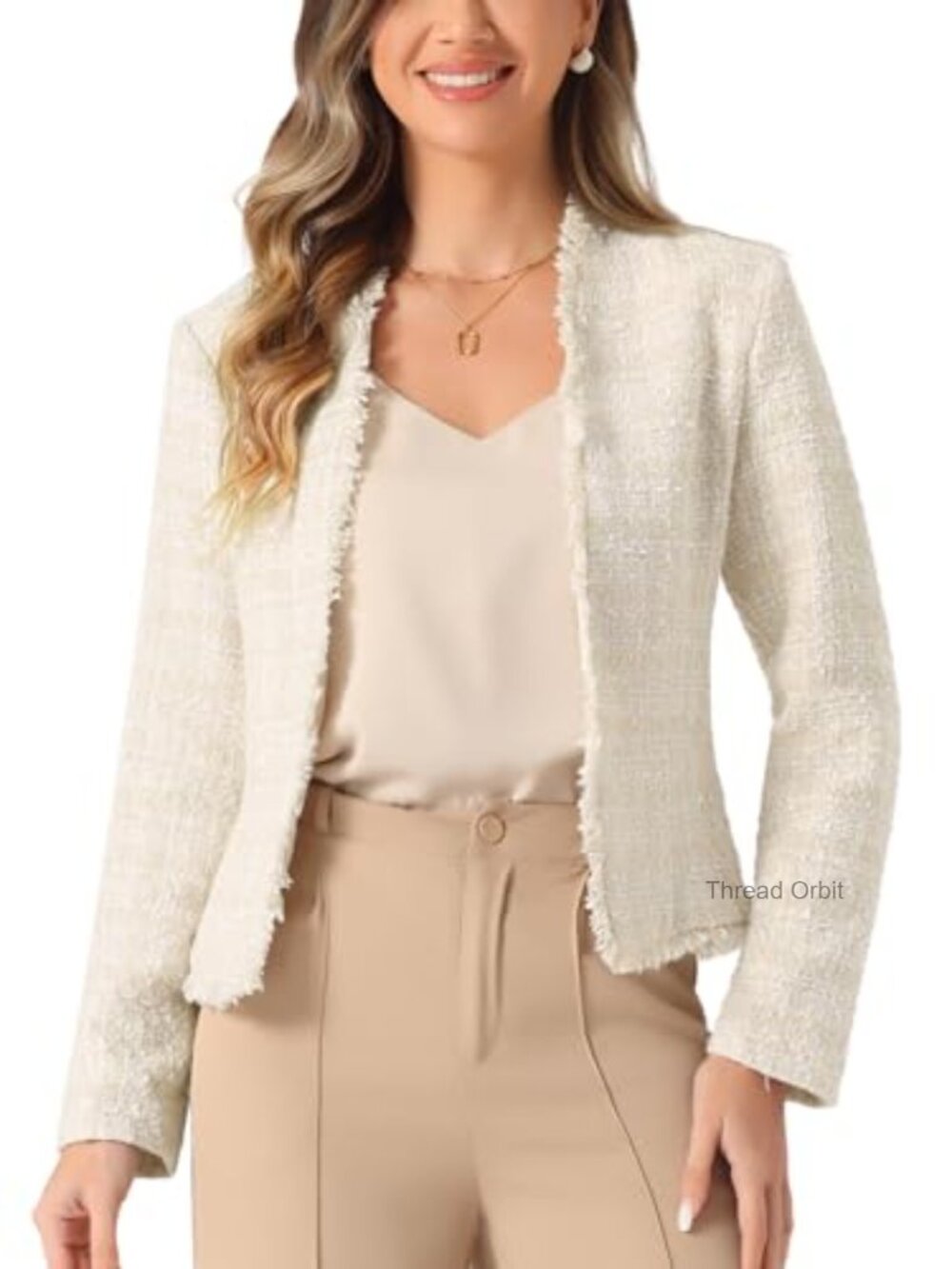 Plaid Tweed Cropped Blazer Collarless Long Sleeve Open Front